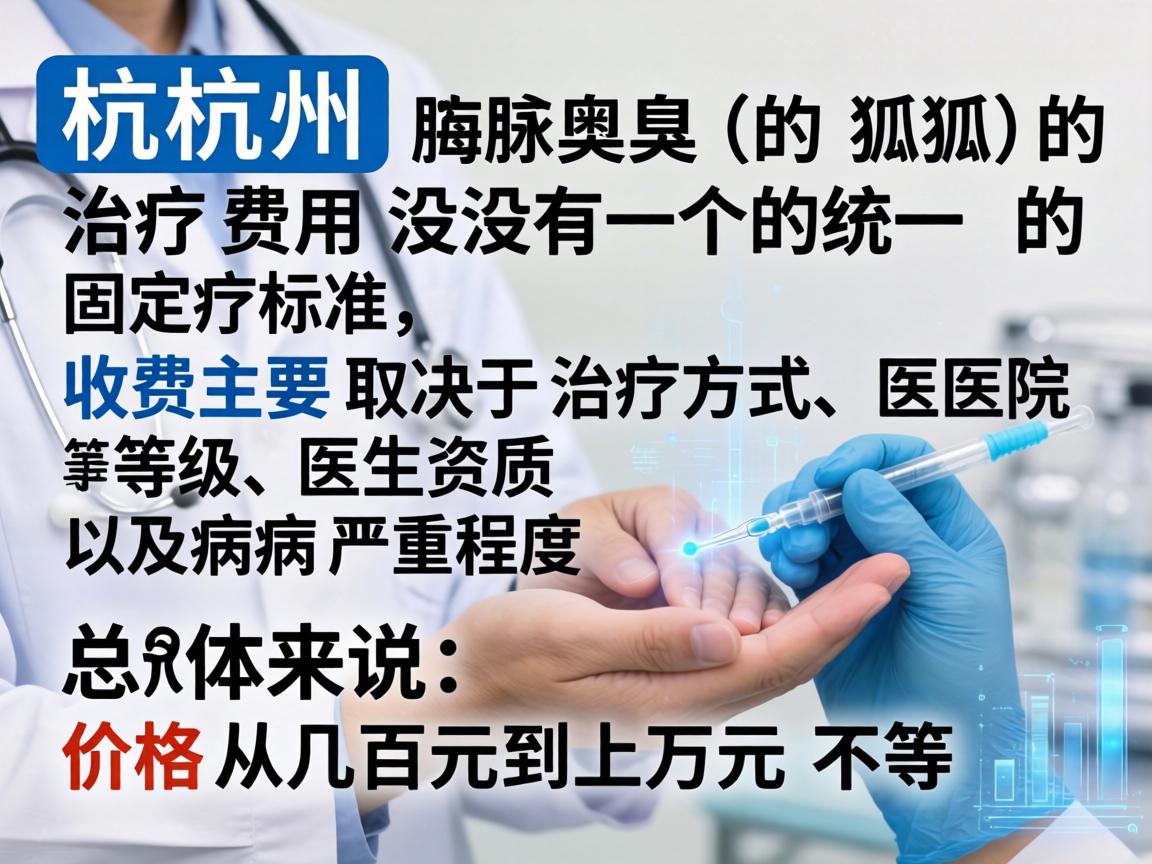 在杭州,腋臭(狐臭)的治疗费用没有一个统一的固定标准,收费主要取决于治疗方式、医院等级、医生资质以及病情严重程度。总体来说,价格从几百元到上万元不等 在杭州,腋臭(狐臭)的治疗费用没有一个统一的固定标准,收费主要取决于治疗方式、医院等级、医生资质以及病情严重程度。总体来说,价格从几百元到上万元不等