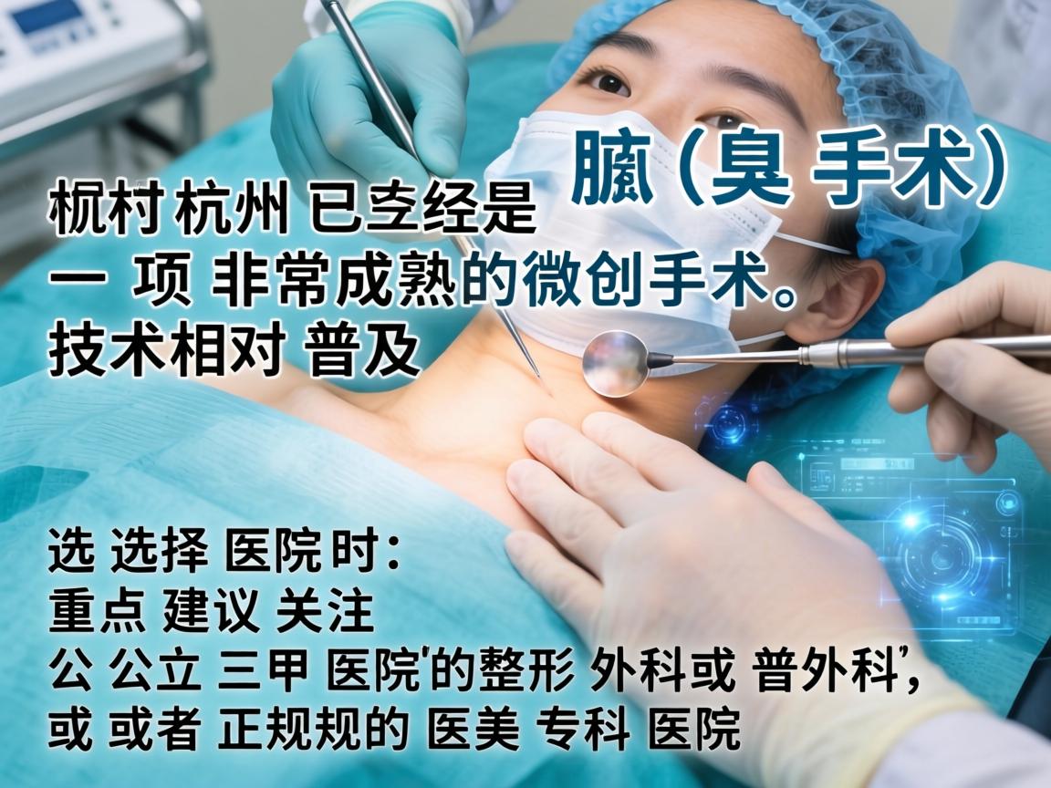狐臭手术（腋臭手术）在杭州已经是一项非常成熟的微创手术，技术相对普及。选择医院时，重点建议关注公立三甲医院的整形外科或普外科，或者正规的医美专科医院