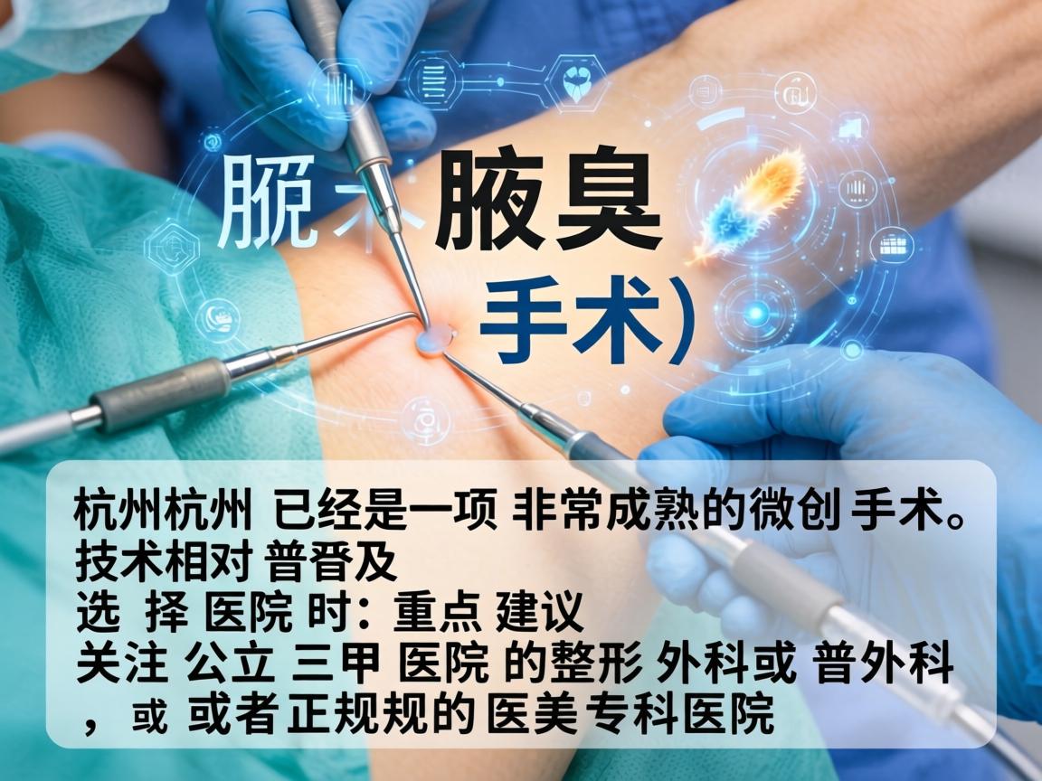 狐臭手术（腋臭手术）在杭州已经是一项非常成熟的微创手术，技术相对普及。选择医院时，重点建议关注公立三甲医院的整形外科或普外科，或者正规的医美专科医院