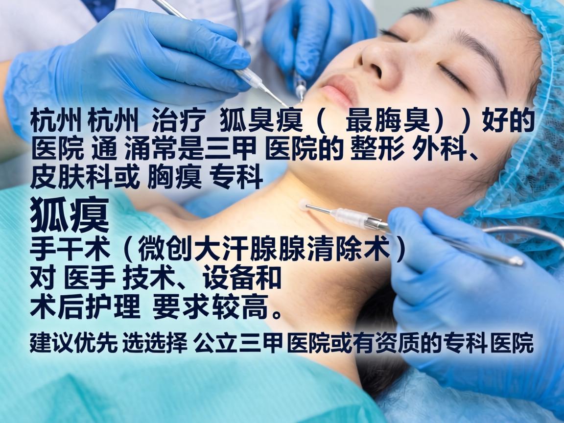 在杭州,治疗狐臭(腋臭)最好的医院通常是三甲医院的整形外科、皮肤科或腋臭专科。狐臭手术(微创大汗腺清除术)对医生技术、设备和术后护理要求较高,建议优先选择公立三甲医院或有资质的专科医院 在杭州,治疗狐臭(腋臭)最好的医院通常是三甲医院的整形外科、皮肤科或腋臭专科。狐臭手术(微创大汗腺清除术)对医生技术、设备和术后护理要求较高,建议优先选择公立三甲医院或有资质的专科医院