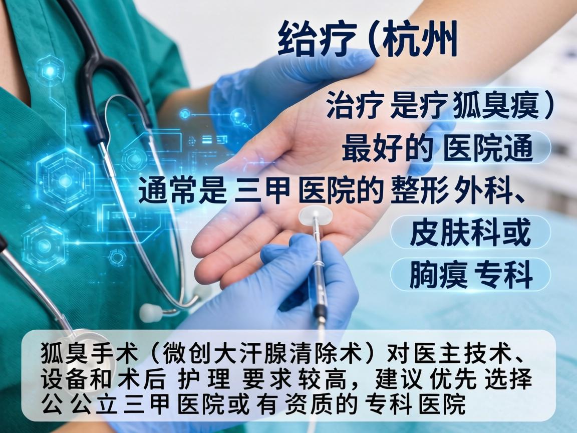 在杭州,治疗狐臭(腋臭)最好的医院通常是三甲医院的整形外科、皮肤科或腋臭专科。狐臭手术(微创大汗腺清除术)对医生技术、设备和术后护理要求较高,建议优先选择公立三甲医院或有资质的专科医院 在杭州,治疗狐臭(腋臭)最好的医院通常是三甲医院的整形外科、皮肤科或腋臭专科。狐臭手术(微创大汗腺清除术)对医生技术、设备和术后护理要求较高,建议优先选择公立三甲医院或有资质的专科医院
