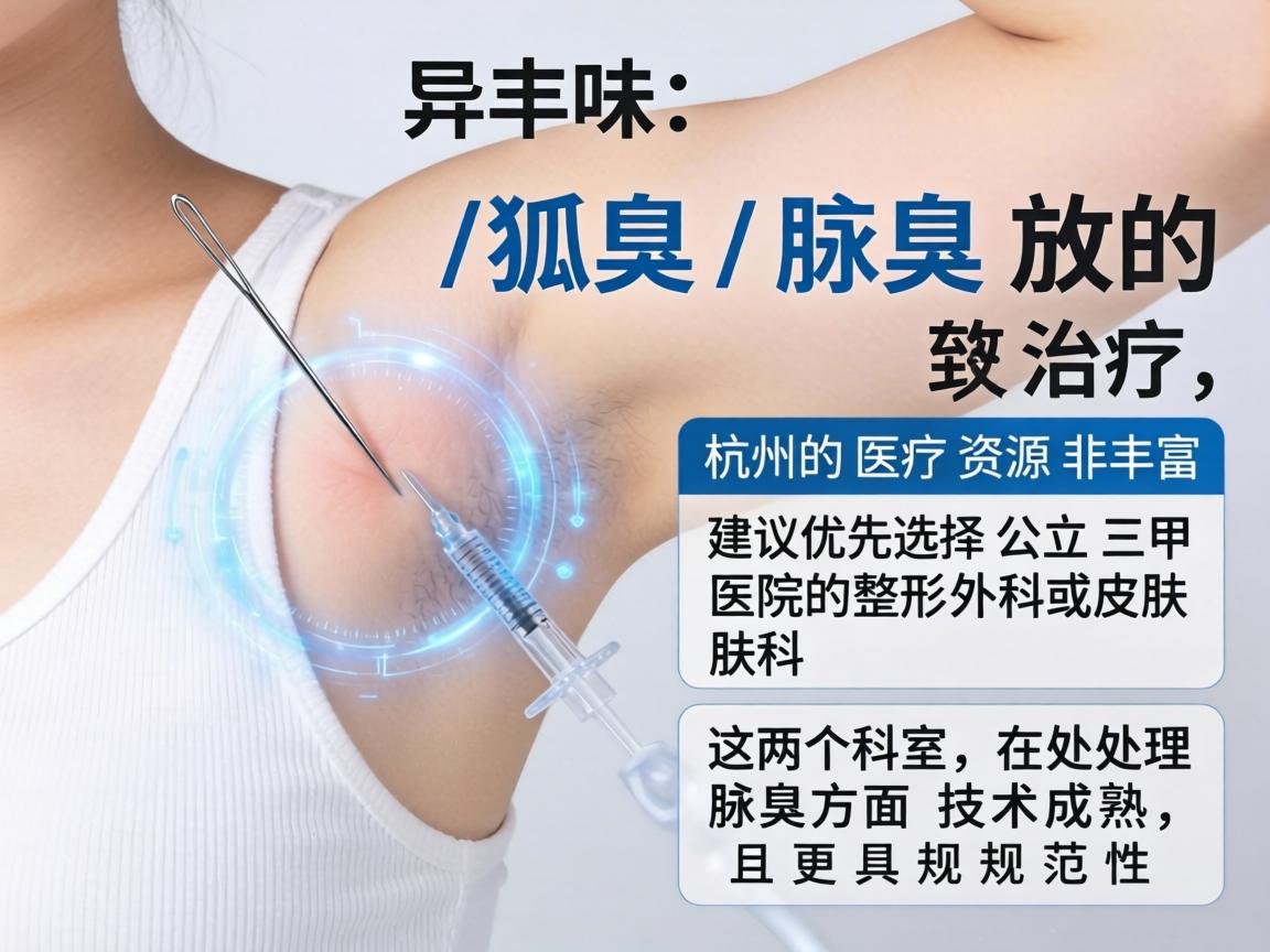 针对腋下异味（狐臭/腋臭）的治疗，杭州的医疗资源非常丰富，建议优先选择公立三甲医院的整形外科或皮肤科。这两个科室在处理腋臭方面技术成熟，且更具规范性