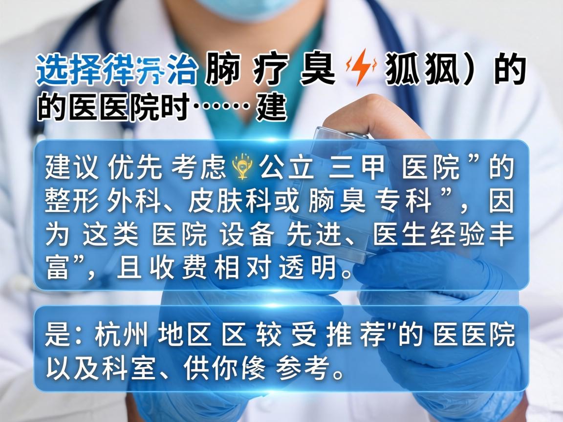 选择治疗腋臭(狐臭)的医院时,建议优先考虑公立三甲医院的整形外科、皮肤科或腋臭专科,因为这类医院设备先进、医生经验丰富,且收费相对透明。以下是杭州地区较受推荐的医院及科室,供你参考 选择治疗腋臭(狐臭)的医院时,建议优先考虑公立三甲医院的整形外科、皮肤科或腋臭专科,因为这类医院设备先进、医生经验丰富,且收费相对透明。以下是杭州地区较受推荐的医院及科室,供你参考