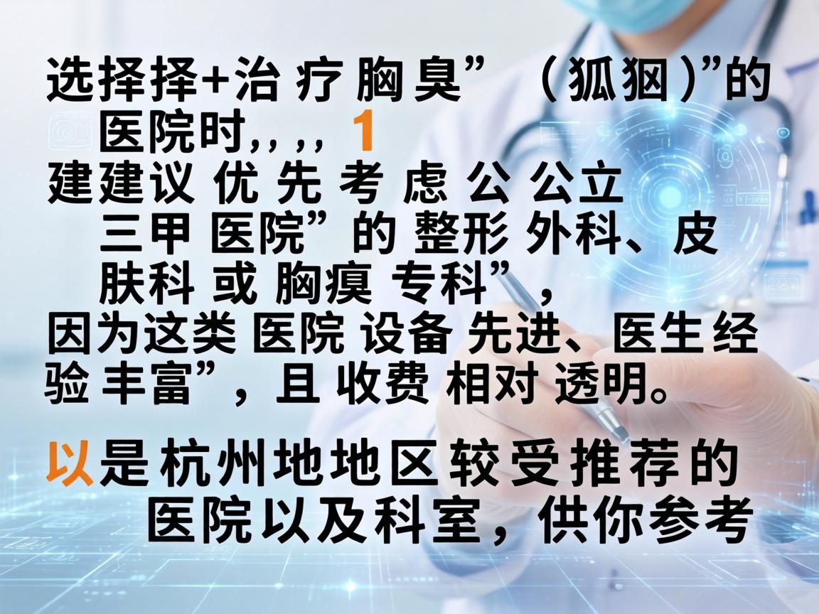 选择治疗腋臭(狐臭)的医院时,建议优先考虑公立三甲医院的整形外科、皮肤科或腋臭专科,因为这类医院设备先进、医生经验丰富,且收费相对透明。以下是杭州地区较受推荐的医院及科室,供你参考 选择治疗腋臭(狐臭)的医院时,建议优先考虑公立三甲医院的整形外科、皮肤科或腋臭专科,因为这类医院设备先进、医生经验丰富,且收费相对透明。以下是杭州地区较受推荐的医院及科室,供你参考