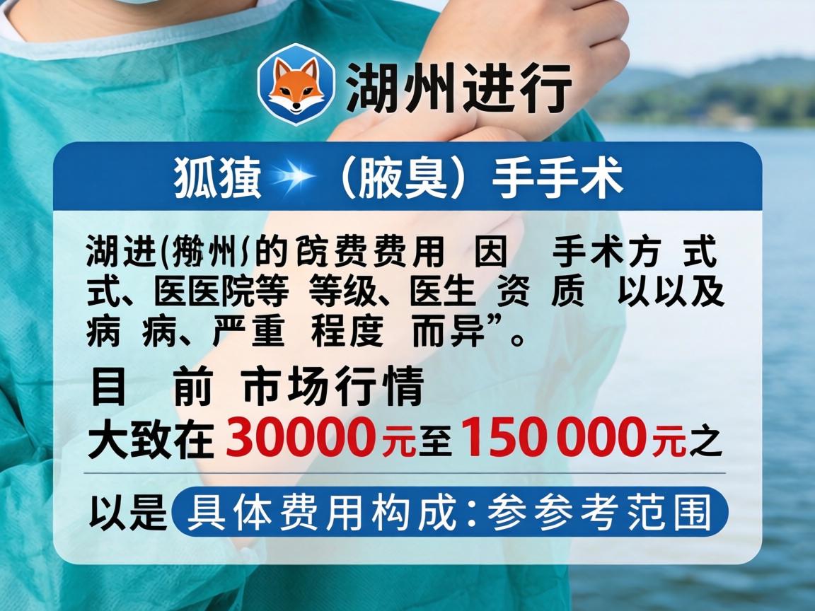在湖州进行狐臭(腋臭)手术的费用因手术方式、医院等级、医生资质以及病情严重程度而异,目前市场行情大致在3000元至15000元之间。以下是具体费用构成和参考范围 在湖州进行狐臭(腋臭)手术的费用因手术方式、医院等级、医生资质以及病情严重程度而异,目前市场行情大致在3000元至15000元之间。以下是具体费用构成和参考范围