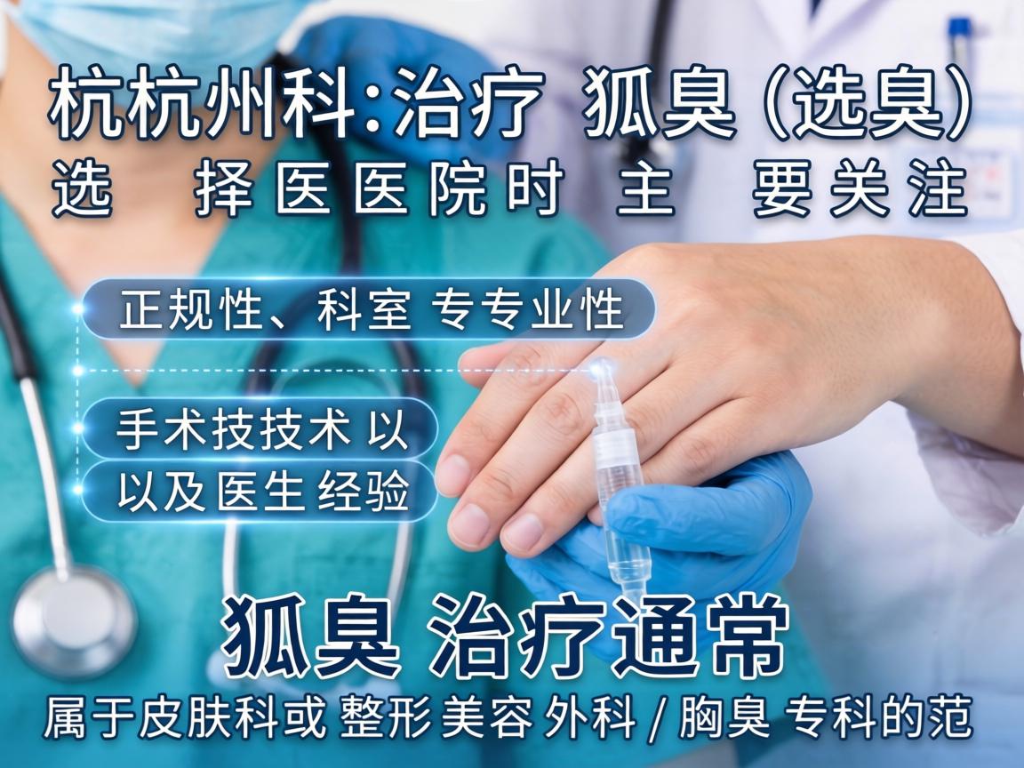 在杭州治疗狐臭(腋臭)选择医院时主要关注正规性、科室专业性、手术技术以及医生经验。狐臭治疗通常属于皮肤科或整形美容外科/腋臭专科的范畴 在杭州治疗狐臭(腋臭)选择医院时主要关注正规性、科室专业性、手术技术以及医生经验。狐臭治疗通常属于皮肤科或整形美容外科/腋臭专科的范畴