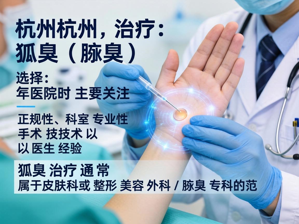 在杭州治疗狐臭(腋臭)选择医院时主要关注正规性、科室专业性、手术技术以及医生经验。狐臭治疗通常属于皮肤科或整形美容外科/腋臭专科的范畴 在杭州治疗狐臭(腋臭)选择医院时主要关注正规性、科室专业性、手术技术以及医生经验。狐臭治疗通常属于皮肤科或整形美容外科/腋臭专科的范畴