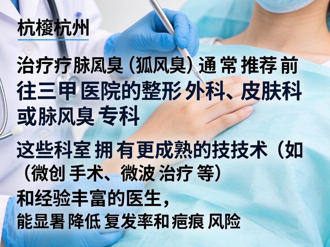 在杭州，治疗腋臭（狐臭）通常推荐前往三甲医院的整形外科、皮肤科或腋臭专科。这些科室拥有更成熟的技术（如微创手术、微波治疗等）和经验丰富的医生，能显著降低复发率和疤痕风险