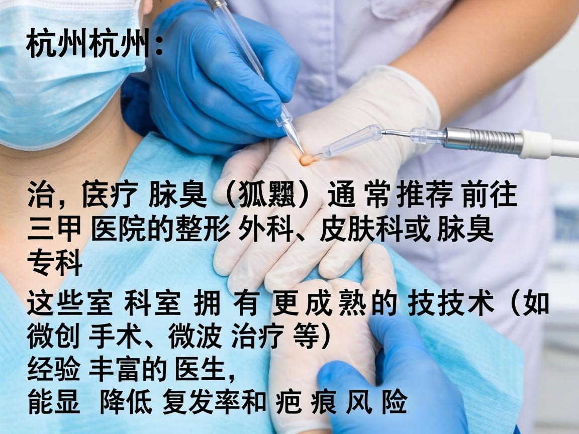 在杭州，治疗腋臭（狐臭）通常推荐前往三甲医院的整形外科、皮肤科或腋臭专科。这些科室拥有更成熟的技术（如微创手术、微波治疗等）和经验丰富的医生，能显著降低复发率和疤痕风险