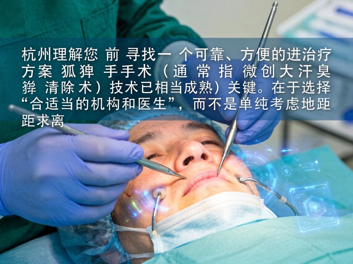 从杭州前往进行狐臭手术,我理解您可能正在寻找一个可靠、方便的治疗方案。狐臭手术(通常指微创大汗腺清除术)技术已相当成熟,关键在于选择合适的机构和医生,而不是单纯考虑地理距离 从杭州前往进行狐臭手术,我理解您可能正在寻找一个可靠、方便的治疗方案。狐臭手术(通常指微创大汗腺清除术)技术已相当成熟,关键在于选择合适的机构和医生,而不是单纯考虑地理距离