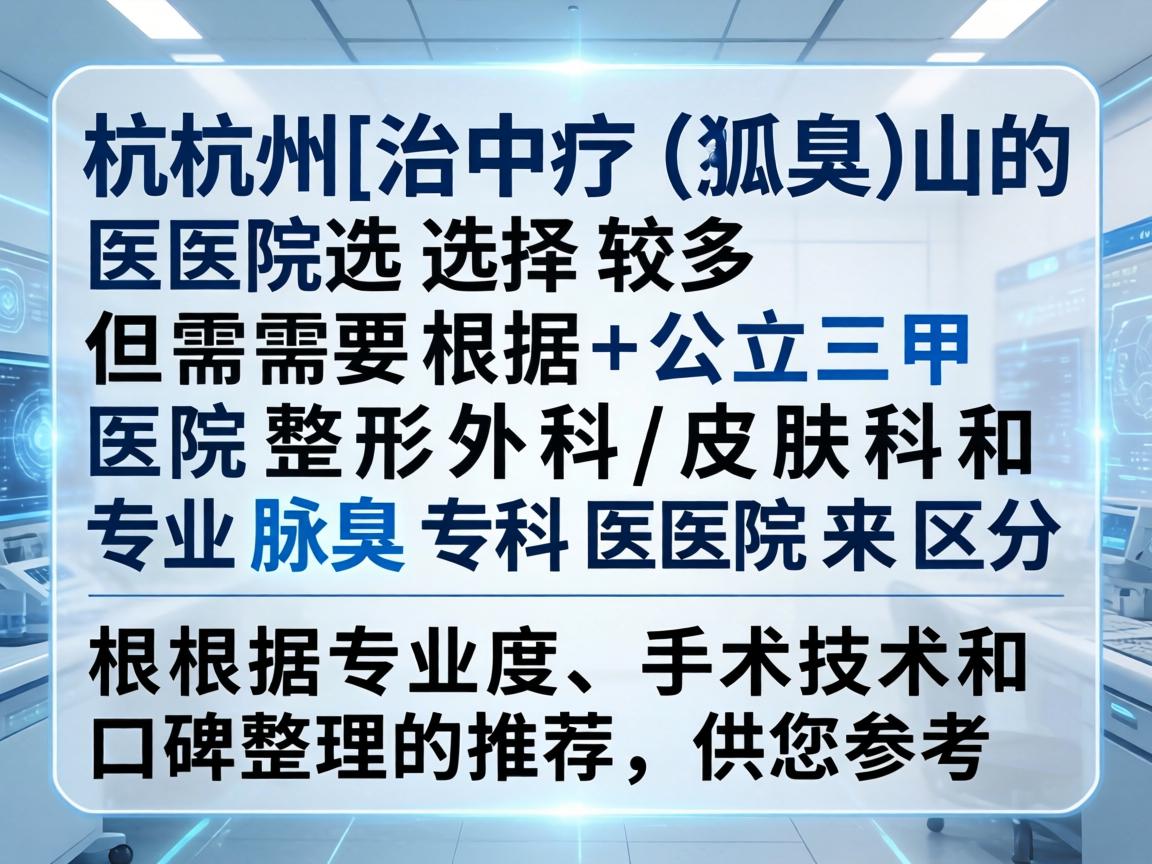 杭州治疗狐臭(腋臭)的医院选择较多,但需要根据公立三甲医院整形外科/皮肤科和专业腋臭专科医院来区分。以下是根据专业度、手术技术和口碑整理的推荐,供您参考 杭州治疗狐臭(腋臭)的医院选择较多,但需要根据公立三甲医院整形外科/皮肤科和专业腋臭专科医院来区分。以下是根据专业度、手术技术和口碑整理的推荐,供您参考