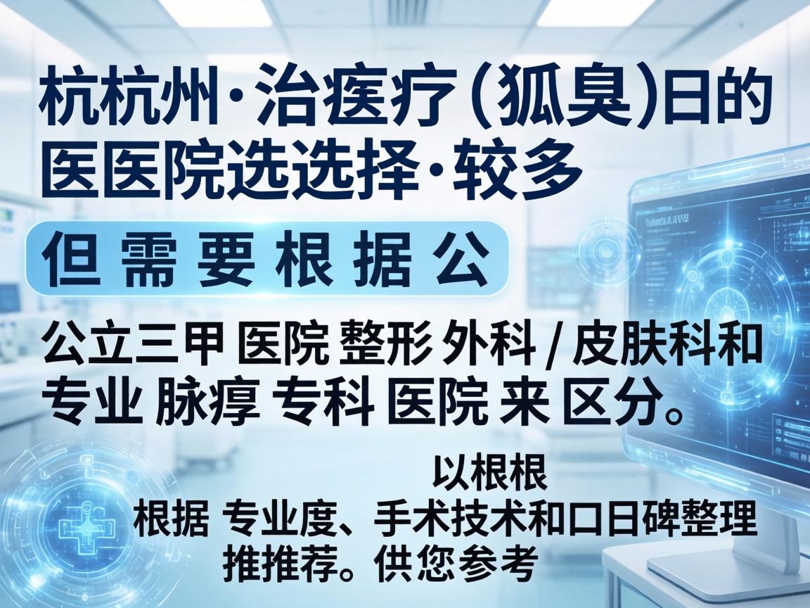 杭州治疗狐臭(腋臭)的医院选择较多,但需要根据公立三甲医院整形外科/皮肤科和专业腋臭专科医院来区分。以下是根据专业度、手术技术和口碑整理的推荐,供您参考 杭州治疗狐臭(腋臭)的医院选择较多,但需要根据公立三甲医院整形外科/皮肤科和专业腋臭专科医院来区分。以下是根据专业度、手术技术和口碑整理的推荐,供您参考