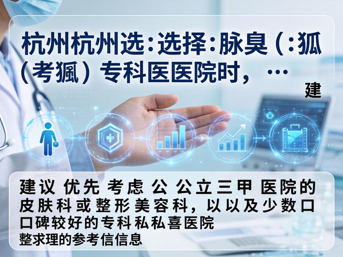 在杭州选择腋臭(狐臭)专科医院时,建议优先考虑公立三甲医院的皮肤科或整形美容科,以及少数口碑较好的专科私立医院。以下是整理的参考信息 在杭州选择腋臭(狐臭)专科医院时,建议优先考虑公立三甲医院的皮肤科或整形美容科,以及少数口碑较好的专科私立医院。以下是整理的参考信息