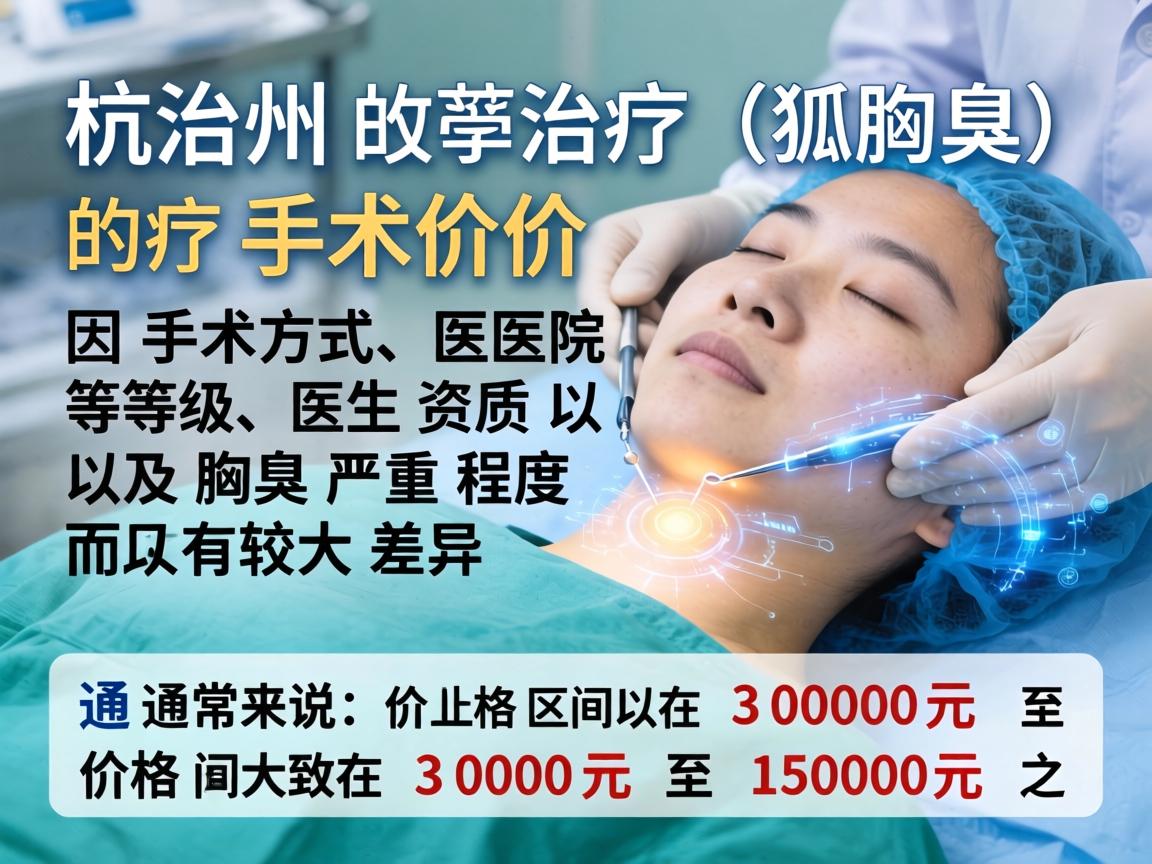 在杭州,治疗狐臭(腋臭)的手术价格因手术方式、医院等级、医生资质以及腋臭严重程度而有较大差异。通常来说,价格区间大致在 3000元 至 15000元 之间 在杭州,治疗狐臭(腋臭)的手术价格因手术方式、医院等级、医生资质以及腋臭严重程度而有较大差异。通常来说,价格区间大致在 3000元 至 15000元 之间