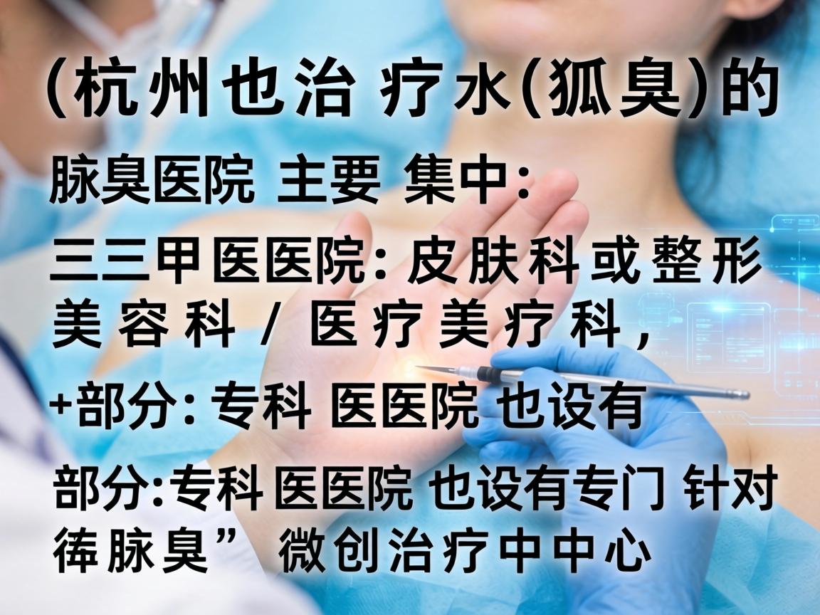 杭州治疗狐臭(腋臭)的医院主要集中在三甲医院的皮肤科或整形美容科/医疗美容科,部分专科医院也设有专门针对腋臭的微创治疗中心 杭州治疗狐臭(腋臭)的医院主要集中在三甲医院的皮肤科或整形美容科/医疗美容科,部分专科医院也设有专门针对腋臭的微创治疗中心