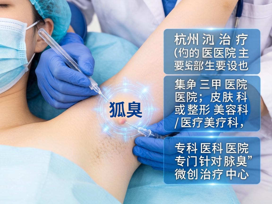 杭州治疗狐臭(腋臭)的医院主要集中在三甲医院的皮肤科或整形美容科/医疗美容科,部分专科医院也设有专门针对腋臭的微创治疗中心 杭州治疗狐臭(腋臭)的医院主要集中在三甲医院的皮肤科或整形美容科/医疗美容科,部分专科医院也设有专门针对腋臭的微创治疗中心