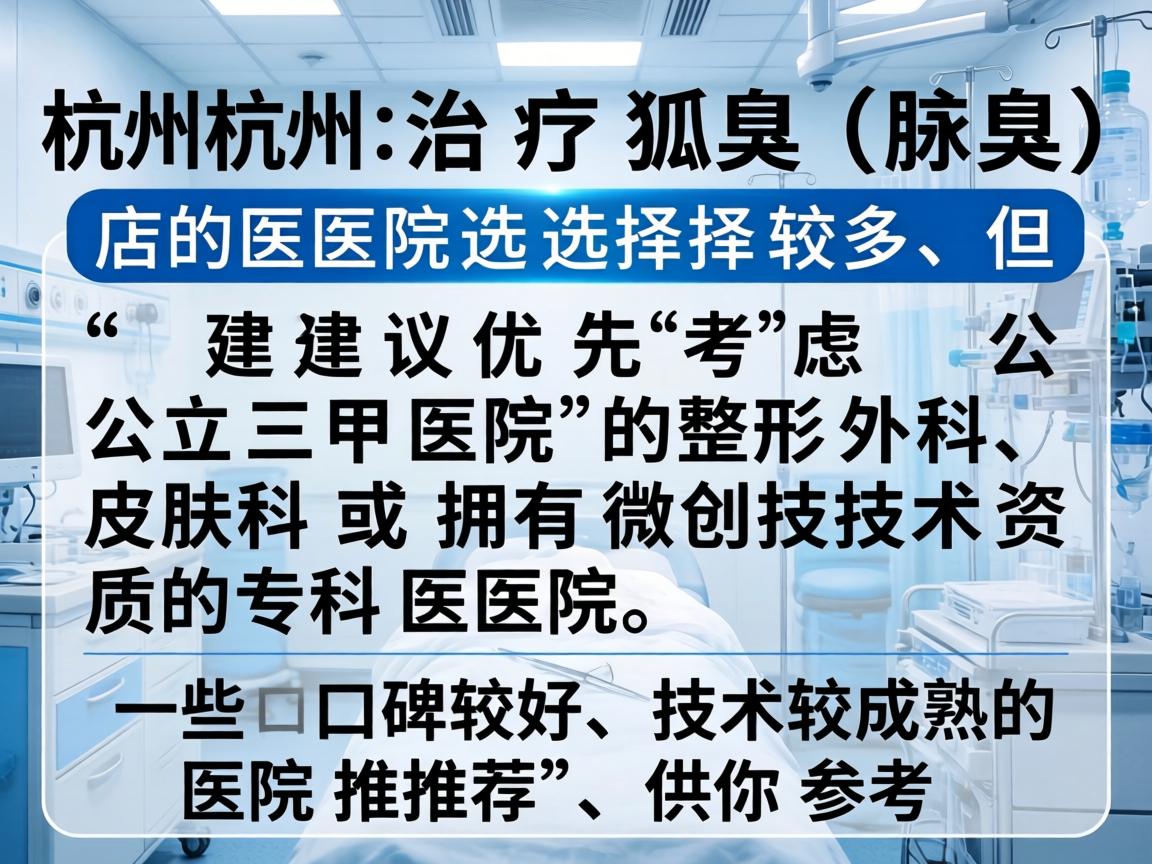 在杭州,治疗狐臭(腋臭)的医院选择较多,但建议优先考虑公立三甲医院的整形外科、皮肤科或拥有微创技术资质的专科医院。以下是一些口碑较好、技术较成熟的医院推荐,供你参考 在杭州,治疗狐臭(腋臭)的医院选择较多,但建议优先考虑公立三甲医院的整形外科、皮肤科或拥有微创技术资质的专科医院。以下是一些口碑较好、技术较成熟的医院推荐,供你参考