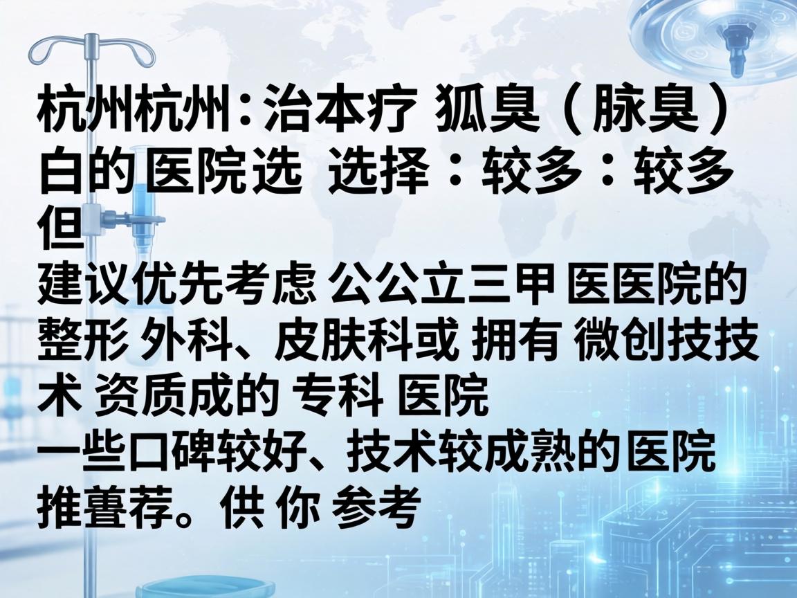 在杭州,治疗狐臭(腋臭)的医院选择较多,但建议优先考虑公立三甲医院的整形外科、皮肤科或拥有微创技术资质的专科医院。以下是一些口碑较好、技术较成熟的医院推荐,供你参考 在杭州,治疗狐臭(腋臭)的医院选择较多,但建议优先考虑公立三甲医院的整形外科、皮肤科或拥有微创技术资质的专科医院。以下是一些口碑较好、技术较成熟的医院推荐,供你参考