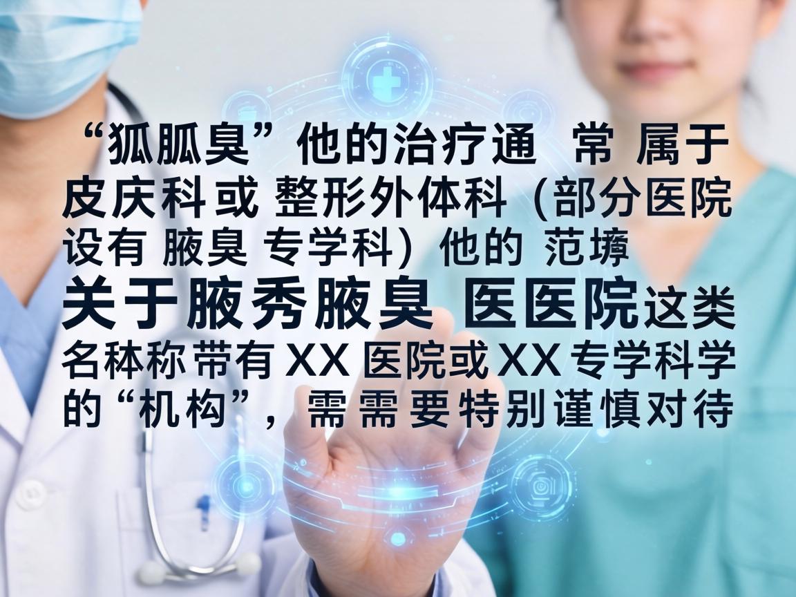 腋臭（狐臭）的治疗通常属于皮肤科或整形外科（部分医院设有腋臭专科）的范畴。关于腋秀腋臭医院这类名称带有XX医院或XX专科的机构，需要特别谨慎对待