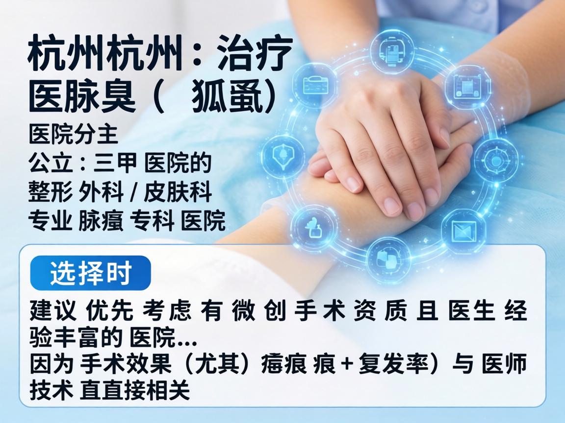 在杭州,治疗腋臭(狐臭)的医院主要分为公立三甲医院的整形外科/皮肤科和专业腋臭专科医院。选择时建议优先考虑有微创手术资质且医生经验丰富的医院,因为手术效果(尤其是疤痕和复发率)与医生技术直接相关 在杭州,治疗腋臭(狐臭)的医院主要分为公立三甲医院的整形外科/皮肤科和专业腋臭专科医院。选择时建议优先考虑有微创手术资质且医生经验丰富的医院,因为手术效果(尤其是疤痕和复发率)与医生技术直接相关