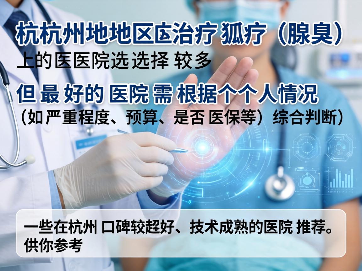 杭州地区治疗狐臭(腋臭)的医院选择较多,但最好的医院需根据个人情况(如严重程度、预算、是否医保等)综合判断。以下是一些在杭州口碑较好、技术成熟的医院推荐,供你参考 杭州地区治疗狐臭(腋臭)的医院选择较多,但最好的医院需根据个人情况(如严重程度、预算、是否医保等)综合判断。以下是一些在杭州口碑较好、技术成熟的医院推荐,供你参考