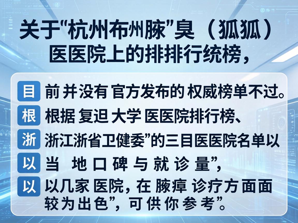 关于杭州腋臭(狐臭)医院的排行榜,目前并没有官方发布的权威榜单。不过,根据复旦大学医院排行榜、浙江省卫健委的三甲医院名单以及当地口碑与就诊量,以下几家医院在腋臭诊疗方面较为出色,可供你参考 关于杭州腋臭(狐臭)医院的排行榜,目前并没有官方发布的权威榜单。不过,根据复旦大学医院排行榜、浙江省卫健委的三甲医院名单以及当地口碑与就诊量,以下几家医院在腋臭诊疗方面较为出色,可供你参考