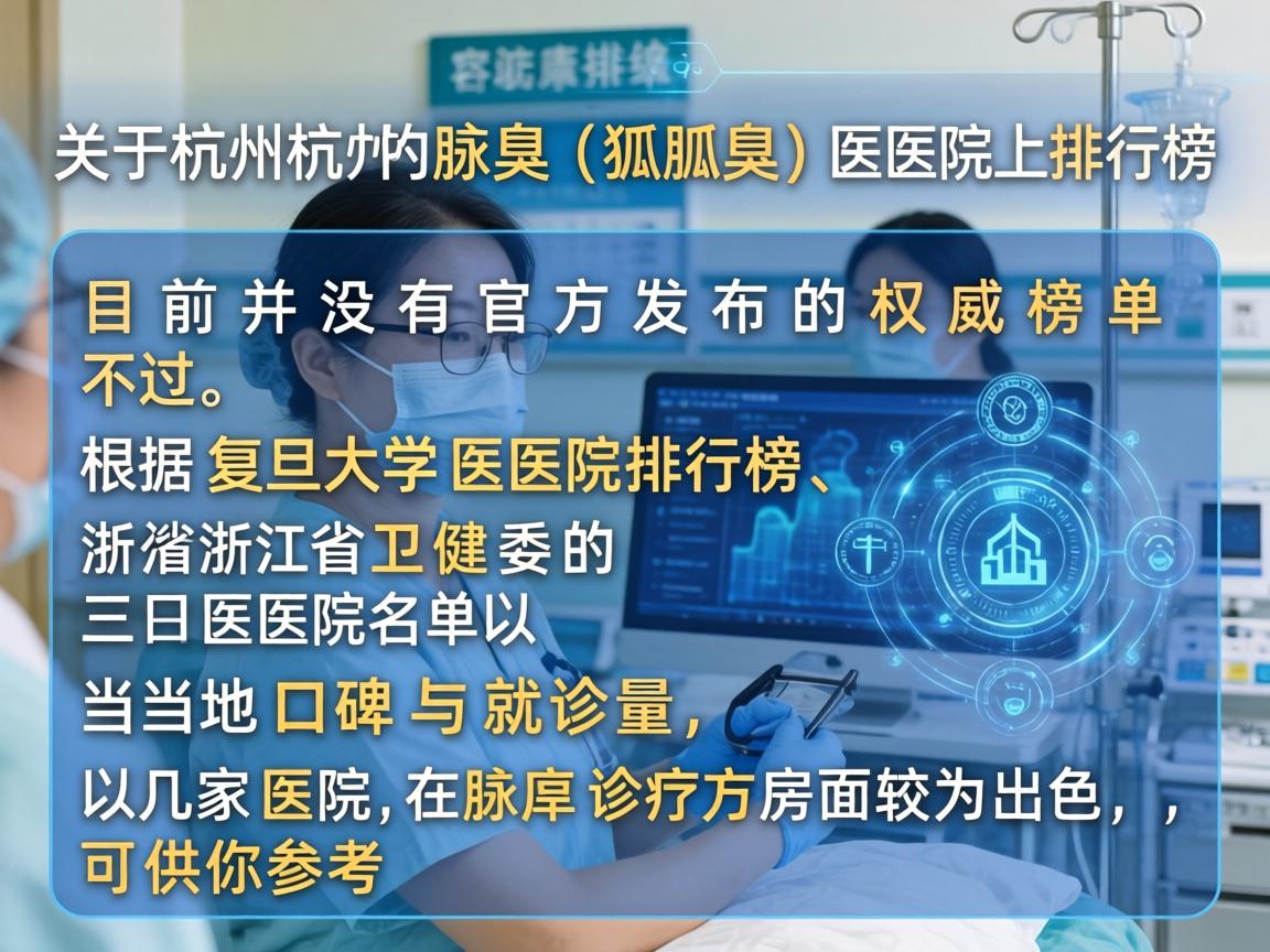 关于杭州腋臭(狐臭)医院的排行榜,目前并没有官方发布的权威榜单。不过,根据复旦大学医院排行榜、浙江省卫健委的三甲医院名单以及当地口碑与就诊量,以下几家医院在腋臭诊疗方面较为出色,可供你参考 关于杭州腋臭(狐臭)医院的排行榜,目前并没有官方发布的权威榜单。不过,根据复旦大学医院排行榜、浙江省卫健委的三甲医院名单以及当地口碑与就诊量,以下几家医院在腋臭诊疗方面较为出色,可供你参考