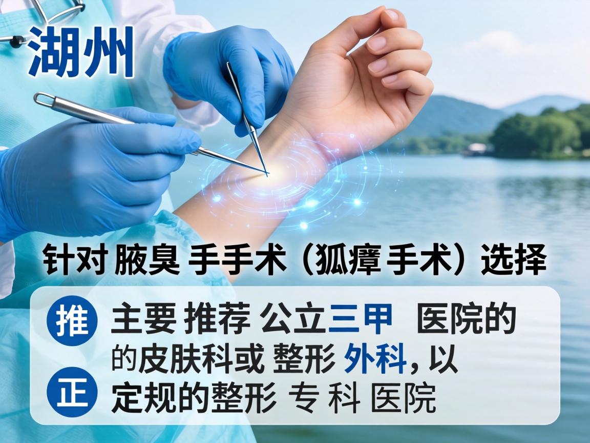 在湖州，针对腋臭手术（狐臭手术）的选择，主要推荐公立三甲医院的皮肤科或整形外科，以及正规的整形专科医院