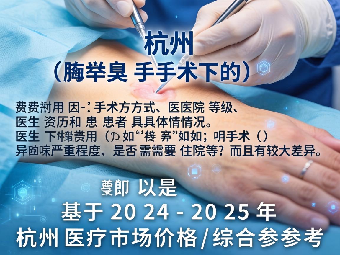 在杭州,腋臭手术的费用因手术方式、医院等级、医生资历和患者具体情况(如异味严重程度、是否需要住院等)而有较大差异。以下是基于2024-2025年杭州医疗市场价格的综合参考 在杭州,腋臭手术的费用因手术方式、医院等级、医生资历和患者具体情况(如异味严重程度、是否需要住院等)而有较大差异。以下是基于2024-2025年杭州医疗市场价格的综合参考