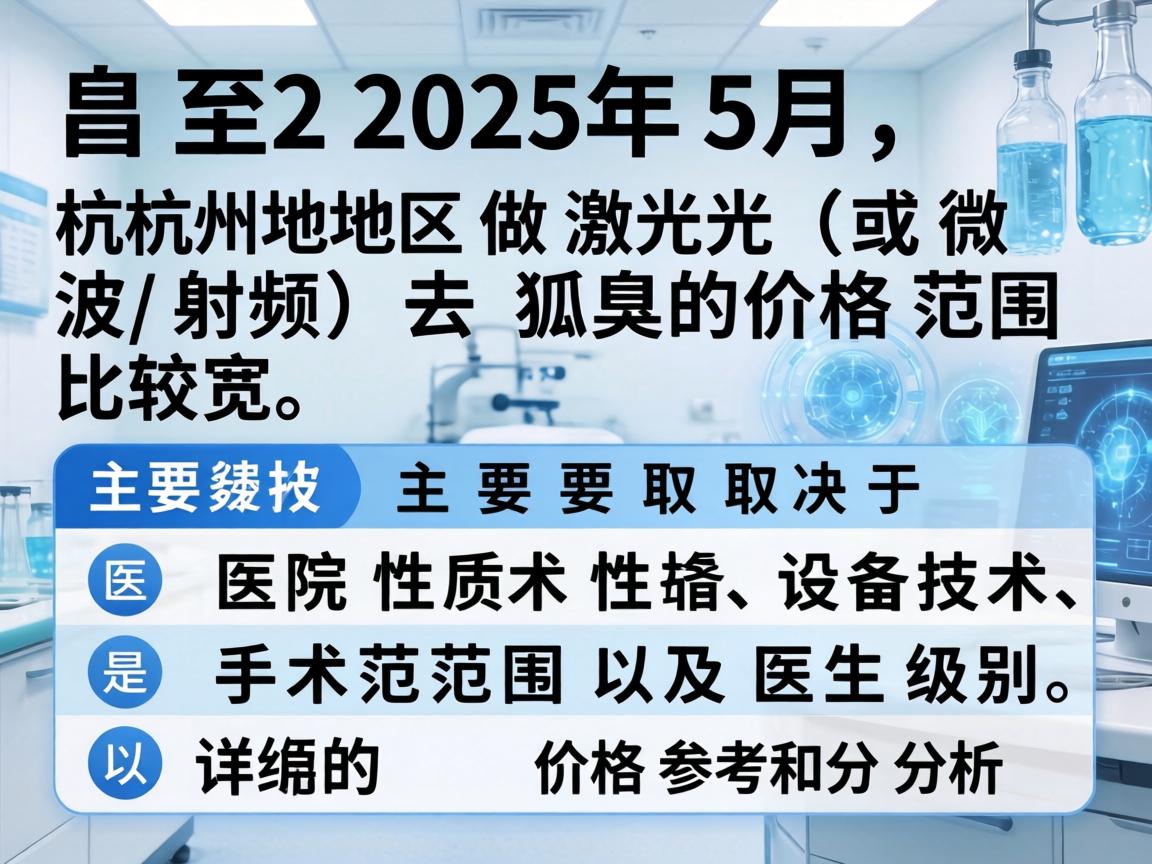 截至2025年5月,杭州地区做激光(或微波/射频)去狐臭的价格范围比较宽,主要取决于医院性质、设备技术、手术范围以及医生级别。以下是详细的价格参考和分析 截至2025年5月,杭州地区做激光(或微波/射频)去狐臭的价格范围比较宽,主要取决于医院性质、设备技术、手术范围以及医生级别。以下是详细的价格参考和分析