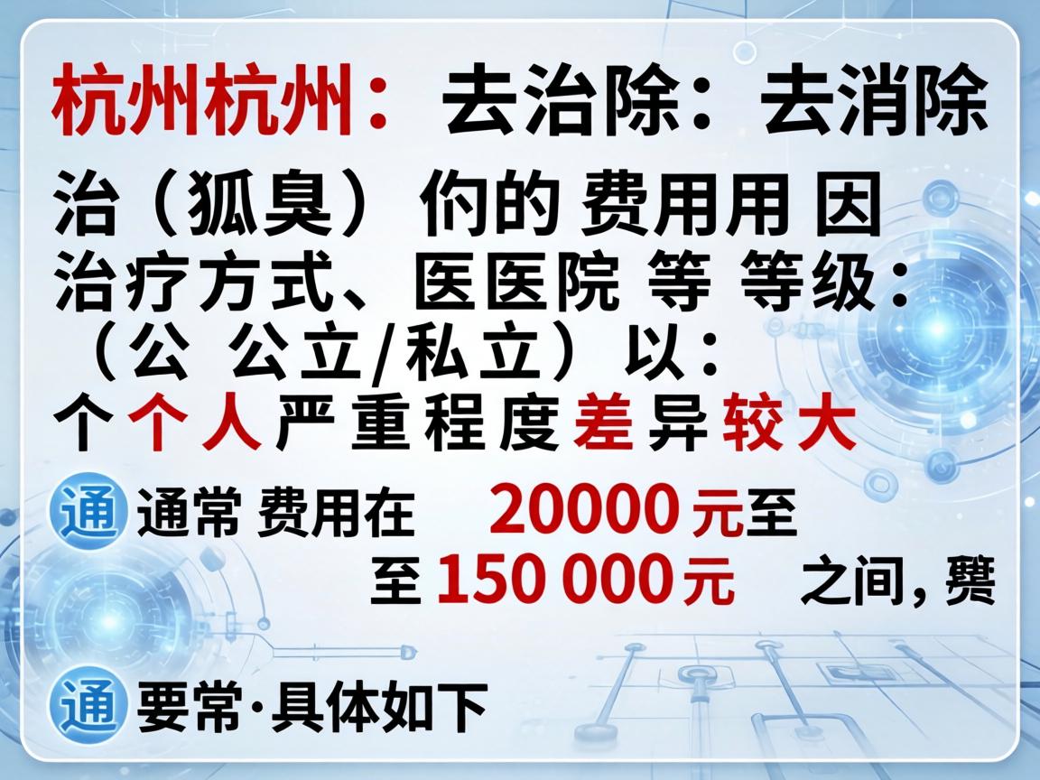 在杭州去除狐臭（腋臭）的费用因治疗方式、医院等级（公立/私立）以及个人严重程度差异较大。通常费用在 2000元至15000元 之间，具体如下