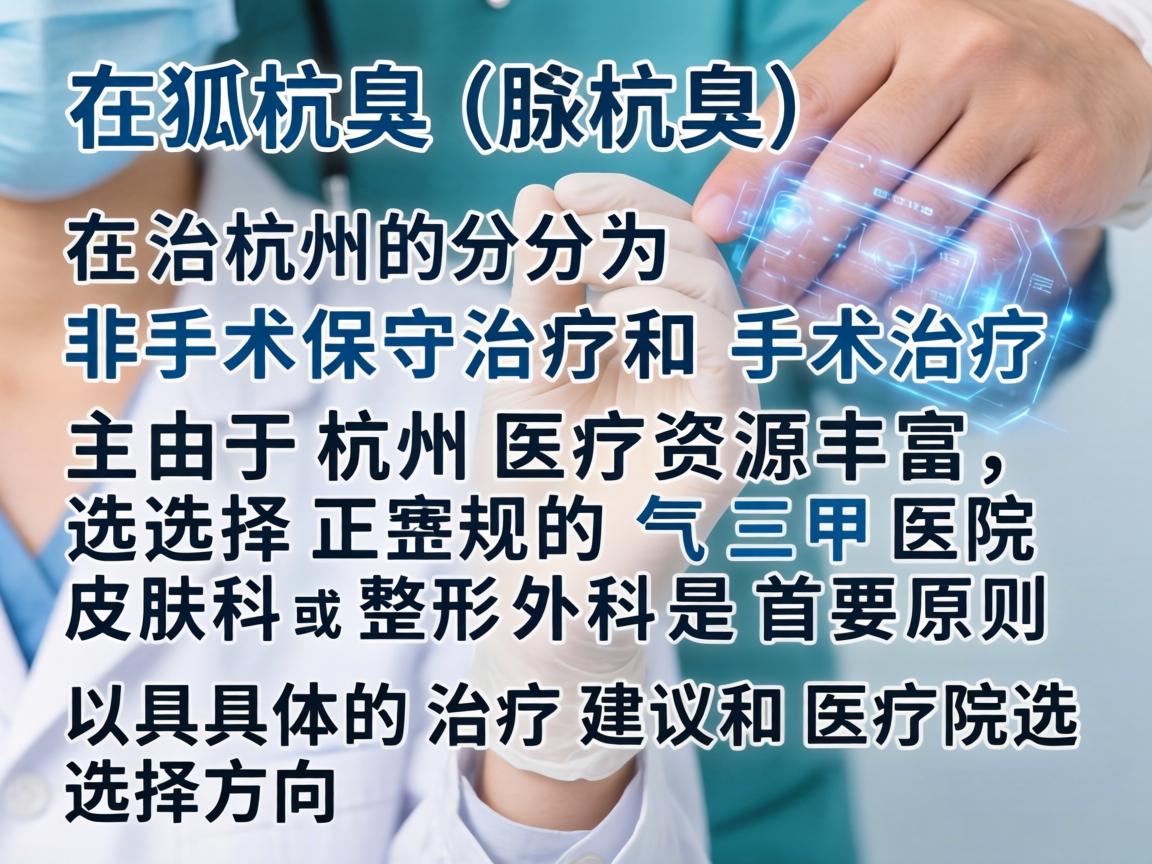 狐臭(腋臭)在杭州的治疗方式主要分为非手术保守治疗和手术治疗。由于杭州医疗资源丰富,选择正规的三甲医院皮肤科或整形外科是首要原则。以下是具体的治疗建议和医院选择方向 狐臭(腋臭)在杭州的治疗方式主要分为非手术保守治疗和手术治疗。由于杭州医疗资源丰富,选择正规的三甲医院皮肤科或整形外科是首要原则。以下是具体的治疗建议和医院选择方向