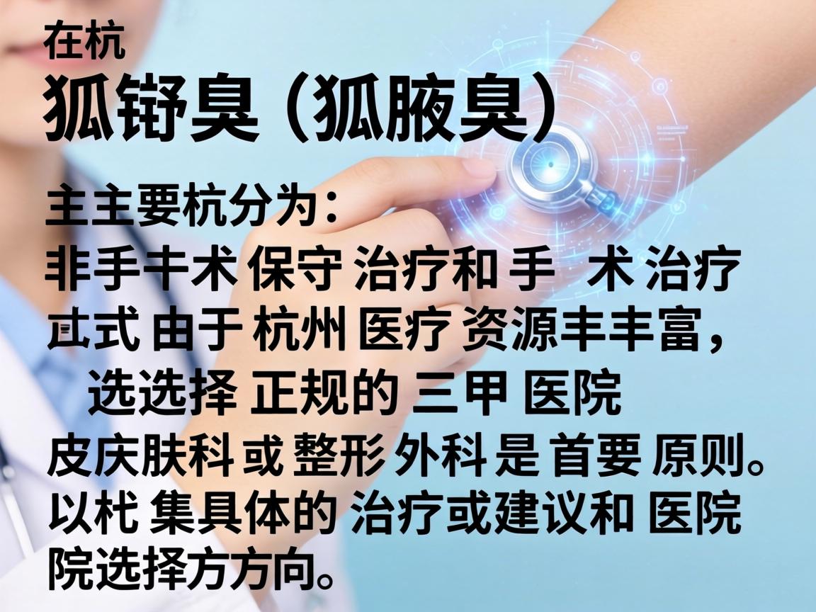 狐臭(腋臭)在杭州的治疗方式主要分为非手术保守治疗和手术治疗。由于杭州医疗资源丰富,选择正规的三甲医院皮肤科或整形外科是首要原则。以下是具体的治疗建议和医院选择方向 狐臭(腋臭)在杭州的治疗方式主要分为非手术保守治疗和手术治疗。由于杭州医疗资源丰富,选择正规的三甲医院皮肤科或整形外科是首要原则。以下是具体的治疗建议和医院选择方向