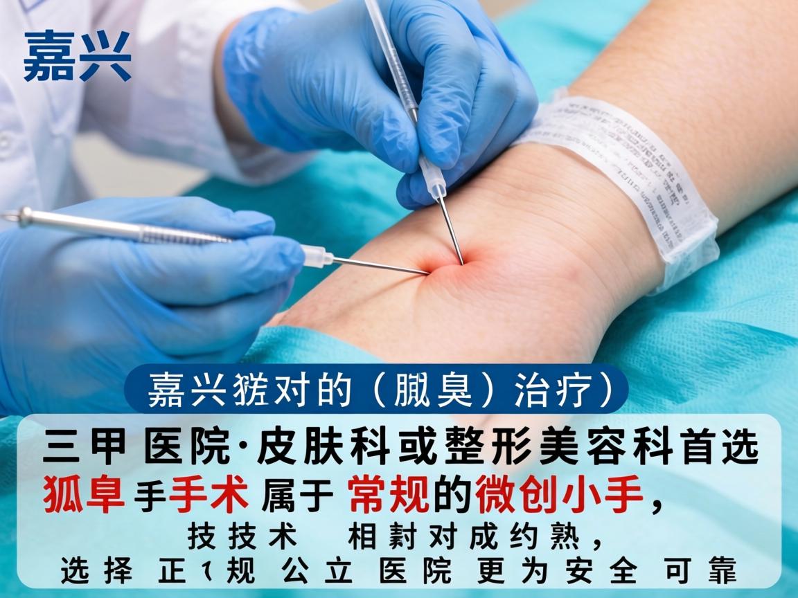 在嘉兴,针对狐臭(腋臭)的治疗,三甲医院的皮肤科或整形美容科是首选。狐臭手术属于常规的微创小手术,技术相对成熟,选择正规公立医院更为安全可靠 在嘉兴,针对狐臭(腋臭)的治疗,三甲医院的皮肤科或整形美容科是首选。狐臭手术属于常规的微创小手术,技术相对成熟,选择正规公立医院更为安全可靠