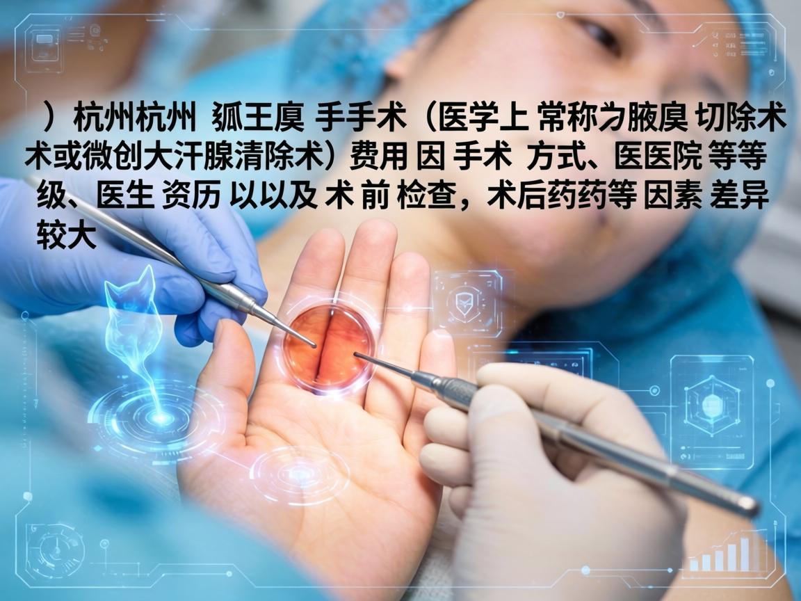 在杭州,狐臭手术(医学上常称为腋臭切除术或微创大汗腺清除术)的费用因手术方式、医院等级、医生资历以及术前检查、术后药物等因素差异较大 在杭州,狐臭手术(医学上常称为腋臭切除术或微创大汗腺清除术)的费用因手术方式、医院等级、医生资历以及术前检查、术后药物等因素差异较大