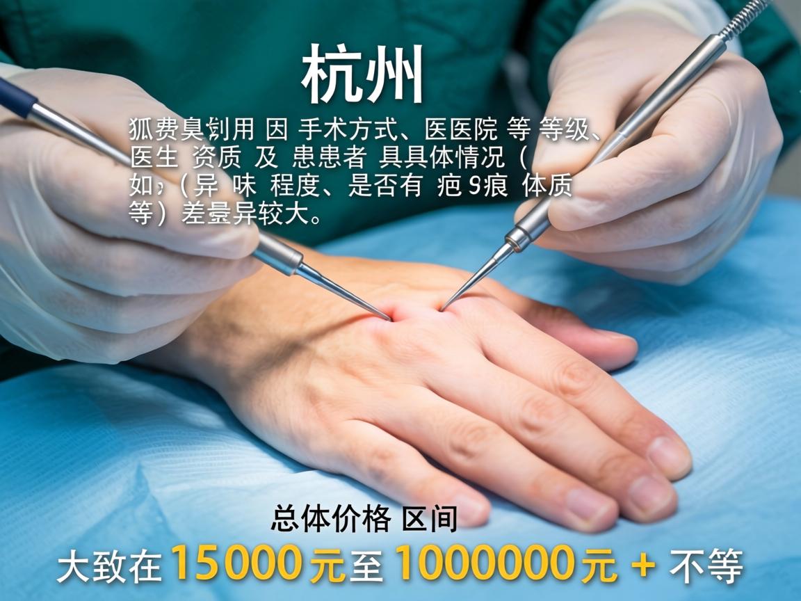 在杭州,狐臭手术的费用因手术方式、医院等级、医生资质及患者具体情况(如异味程度、是否有疤痕体质等)差异较大。总体价格区间大致在1500元至10000元+不等 在杭州,狐臭手术的费用因手术方式、医院等级、医生资质及患者具体情况(如异味程度、是否有疤痕体质等)差异较大。总体价格区间大致在1500元至10000元+不等