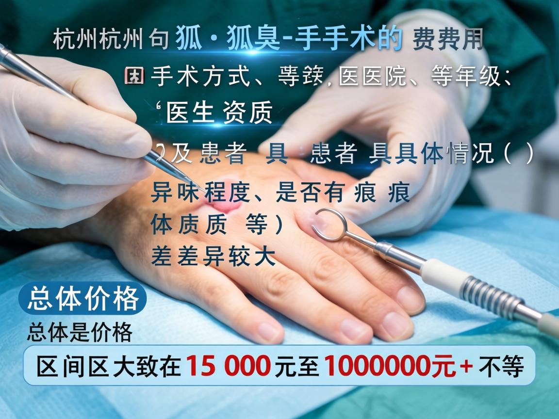 在杭州,狐臭手术的费用因手术方式、医院等级、医生资质及患者具体情况(如异味程度、是否有疤痕体质等)差异较大。总体价格区间大致在1500元至10000元+不等 在杭州,狐臭手术的费用因手术方式、医院等级、医生资质及患者具体情况(如异味程度、是否有疤痕体质等)差异较大。总体价格区间大致在1500元至10000元+不等