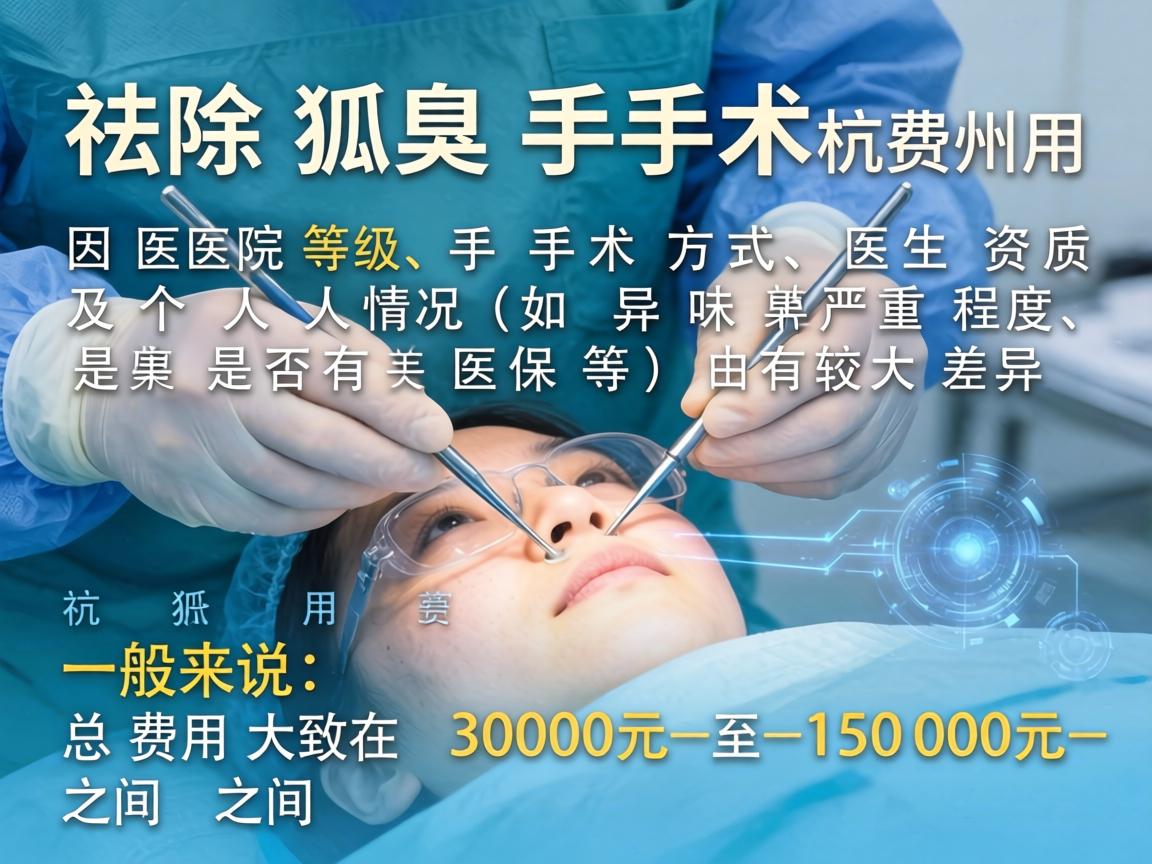 在杭州，祛除狐臭手术的费用因医院等级、手术方式、医生资质及个人情况（如异味严重程度、是否有医保等）而有较大差异。一般来说，总费用大致在 3000元 至 15000元 之间