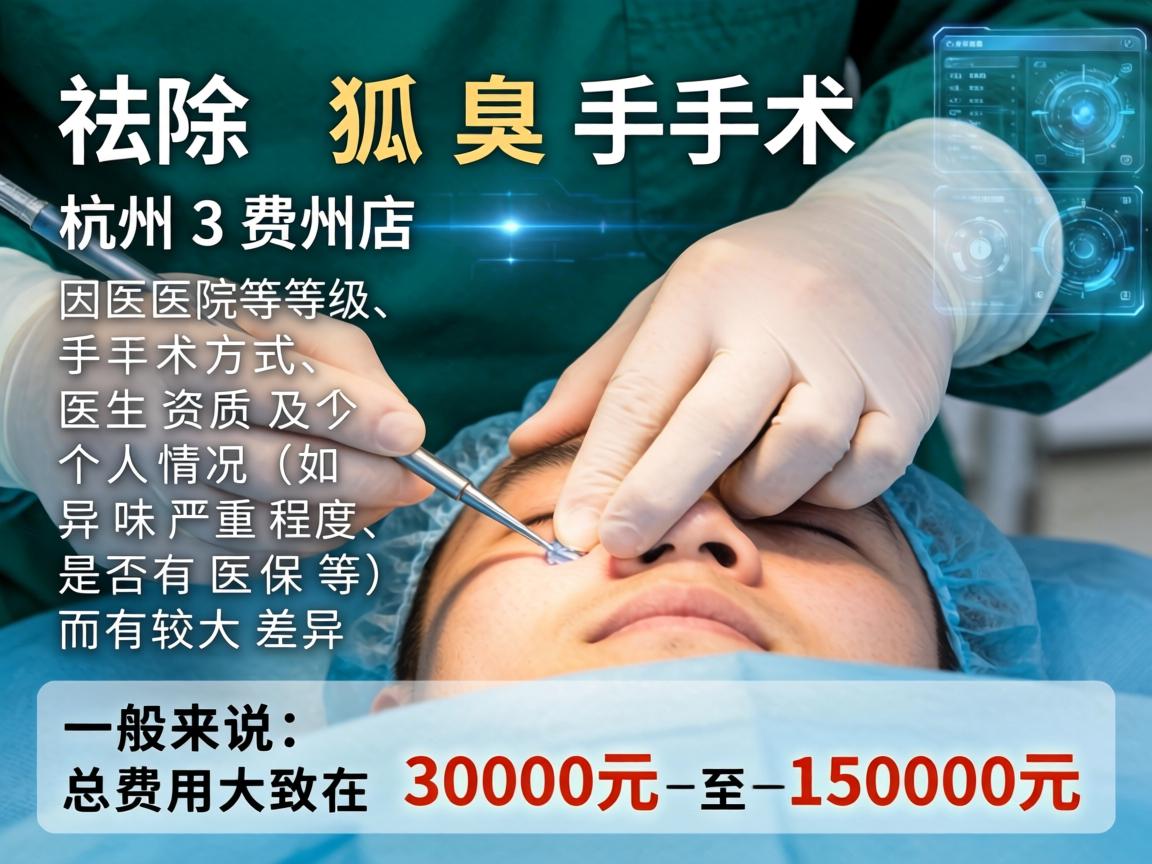 在杭州，祛除狐臭手术的费用因医院等级、手术方式、医生资质及个人情况（如异味严重程度、是否有医保等）而有较大差异。一般来说，总费用大致在 3000元 至 15000元 之间