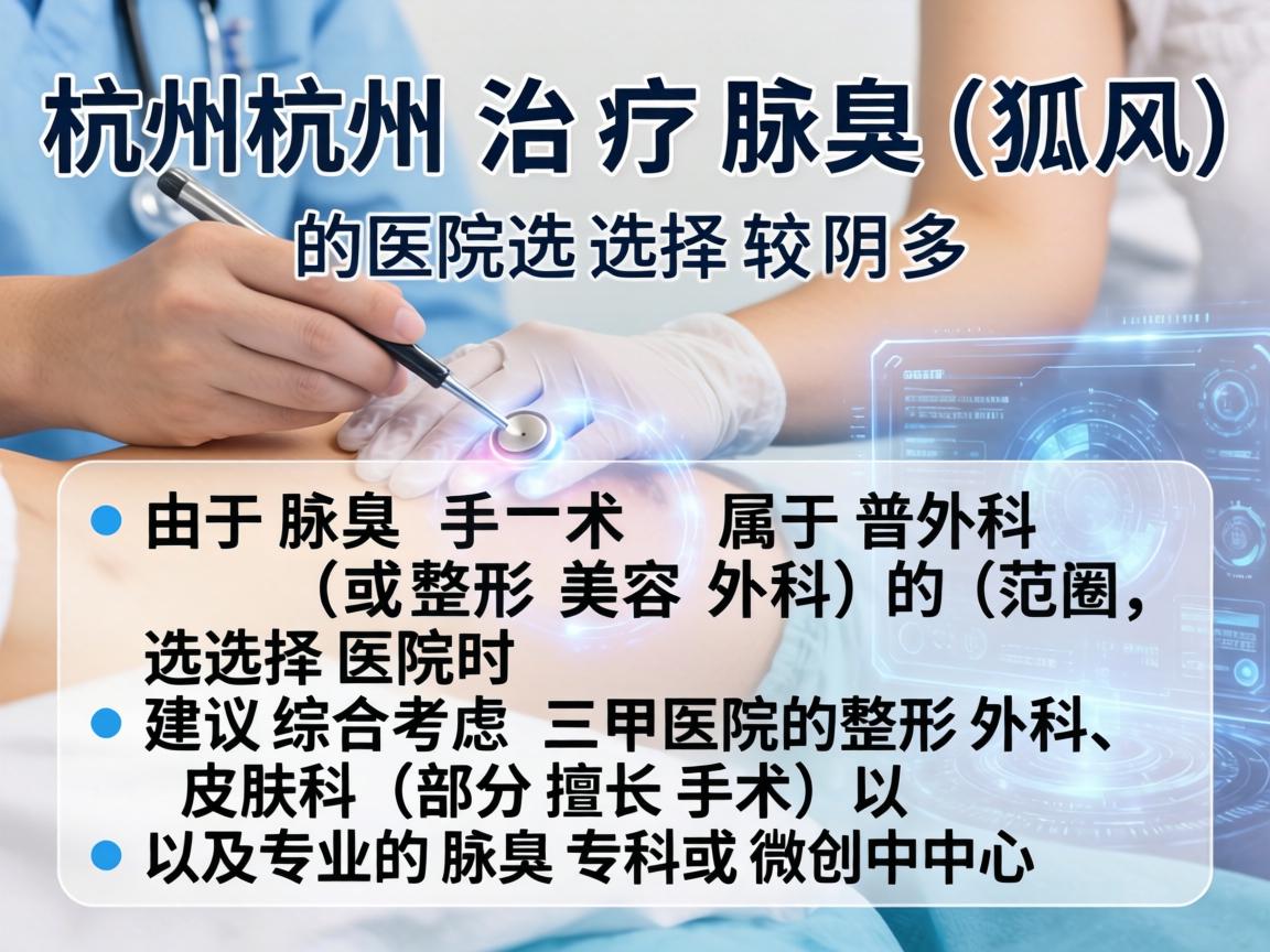 在杭州，治疗腋臭（狐臭）的医院选择较多。由于腋臭手术属于普外科（或整形美容外科）的范畴，选择医院时建议综合考虑三甲医院的整形外科、皮肤科（部分擅长手术）以及专业的腋臭专科或微创中心