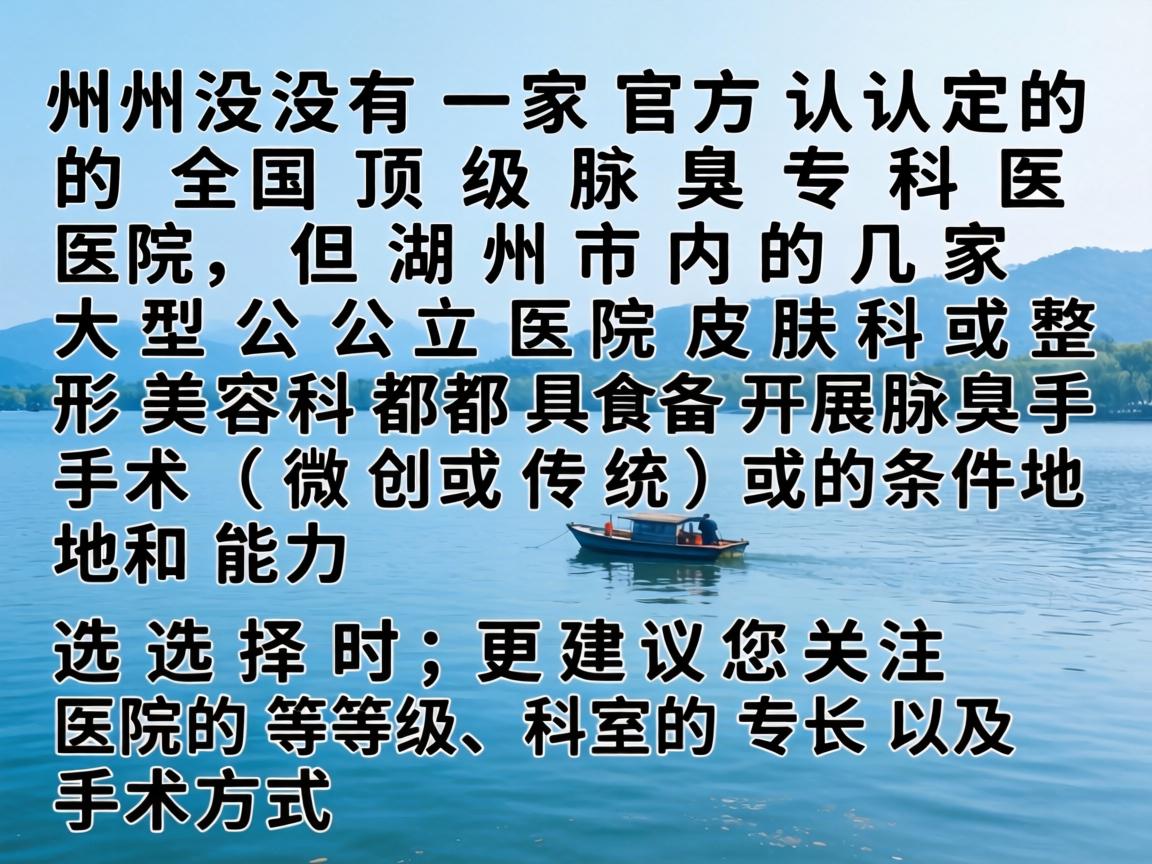 湖州并没有一家官方认定的全国顶级腋臭专科医院，但湖州市内的几家大型公立医院皮肤科或整形美容科都具备开展腋臭手术（微创或传统）的条件和能力。选择时，更建议您关注医院的等级、科室的专长以及手术方式