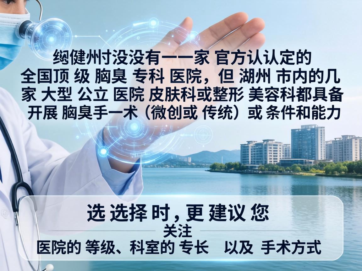 湖州并没有一家官方认定的全国顶级腋臭专科医院，但湖州市内的几家大型公立医院皮肤科或整形美容科都具备开展腋臭手术（微创或传统）的条件和能力。选择时，更建议您关注医院的等级、科室的专长以及手术方式