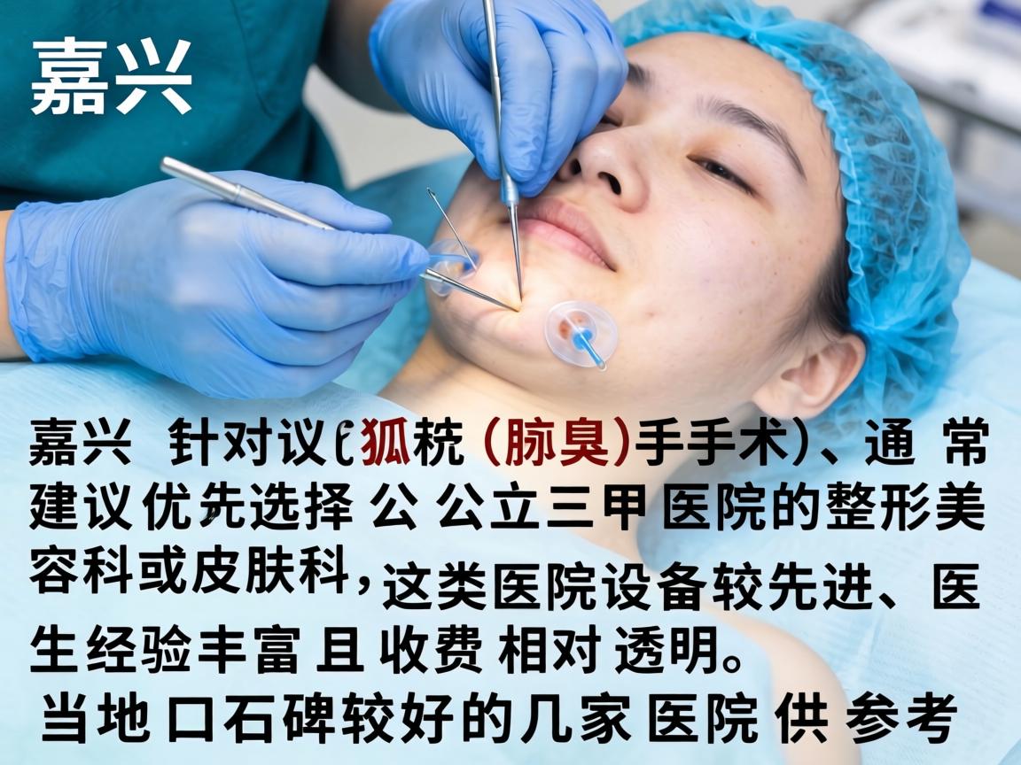 在嘉兴，针对狐臭（腋臭）手术，通常建议优先选择公立三甲医院的整形美容科或皮肤科，这类医院设备较先进、医生经验丰富且收费相对透明。以下是当地口碑较好的几家医院供参考