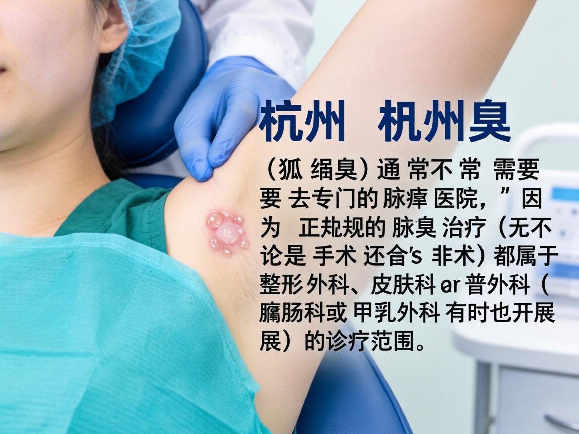 在杭州，治疗腋臭（狐臭）通常不需要去专门的腋臭医院，因为正规的腋臭治疗（无论是手术还是非手术）都属于整形外科、皮肤科或普外科（肛肠科或甲乳外科有时也开展）的诊疗范围