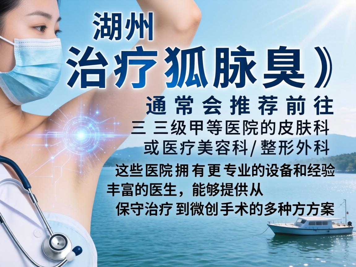 在湖州，治疗腋臭（狐臭）通常会推荐前往三级甲等医院的皮肤科或医疗美容科/整形外科。这些医院拥有更专业的设备和经验丰富的医生，能够提供从保守治疗到微创手术的多种方案