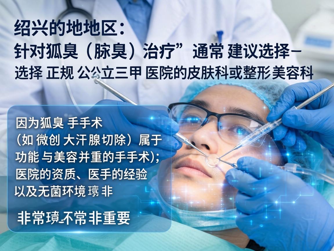 在绍兴地区，针对狐臭（腋臭）的治疗，通常建议选择正规公立三甲医院的皮肤科或整形美容科。因为狐臭手术（如微创大汗腺切除）属于功能与美容并重的手术，医院的资质、医生的经验以及无菌环境非常重要