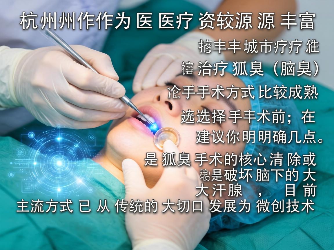 杭州作为医疗资源丰富的城市，治疗狐臭（腋臭）的手术方式比较成熟。在选择手术前，建议你明确几点，狐臭手术的核心是清除或破坏腋下的大汗腺，目前主流方式已从传统的大切口发展为微创技术