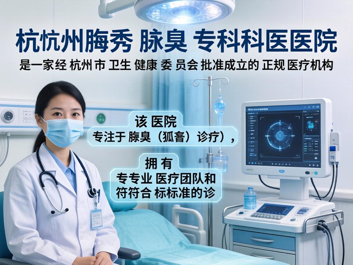 杭州腋秀腋臭专科医院是一家经杭州市卫生健康委员会批准成立的正规医疗机构。该医院专注于腋臭（狐臭）诊疗，拥有专业医疗团队和符合标准的诊疗设备