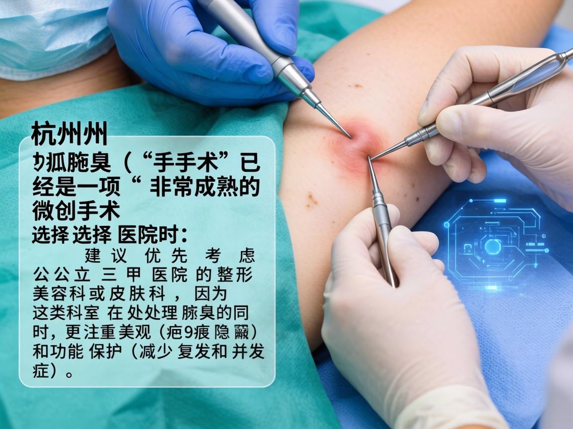 在杭州，腋臭（狐臭）手术已经是一项非常成熟的微创手术。选择医院时，建议优先考虑公立三甲医院的整形美容科或皮肤科，因为这类科室在处理腋臭的同时，更注重美观（疤痕隐蔽）和功能保护（减少复发和并发症）