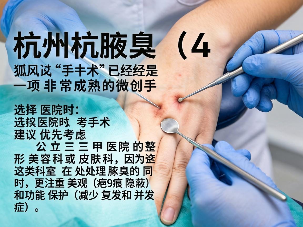 在杭州，腋臭（狐臭）手术已经是一项非常成熟的微创手术。选择医院时，建议优先考虑公立三甲医院的整形美容科或皮肤科，因为这类科室在处理腋臭的同时，更注重美观（疤痕隐蔽）和功能保护（减少复发和并发症）